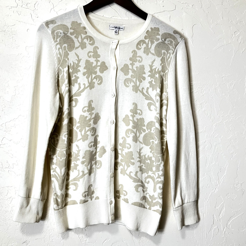 Croft & Barrow Cardigan Sweater Cream Beige Damask Print Cotton Classic Preppy M